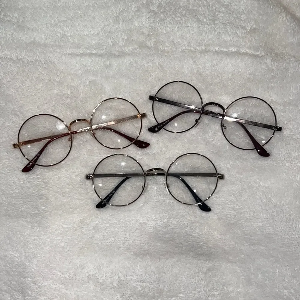 Three pair bundle clear lense glasses gold brown and silver